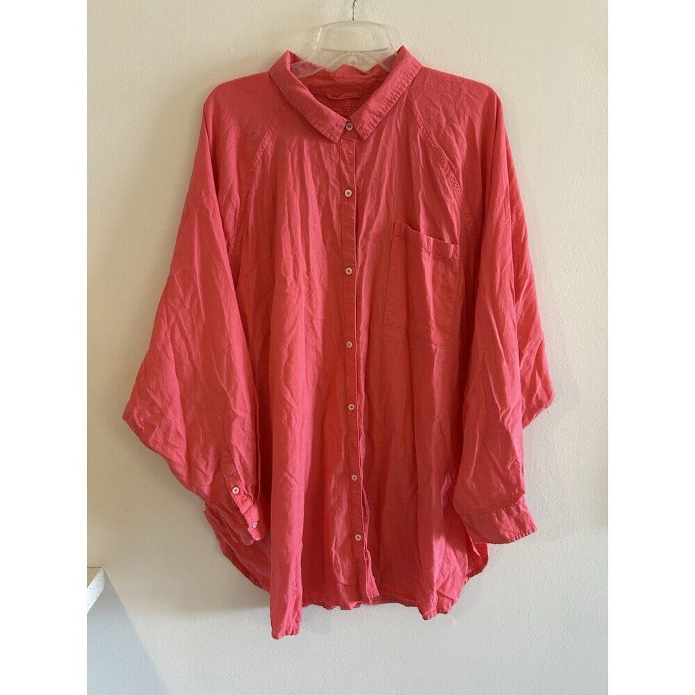 Aerie Linen Blend Coverup Shirt Women's XLarge Haute Coral Lightweight Collared